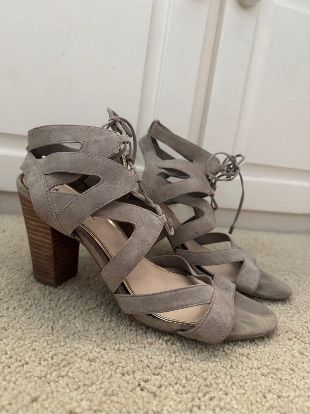 Suede Lace-Up Block Heel Sandals in Taupe